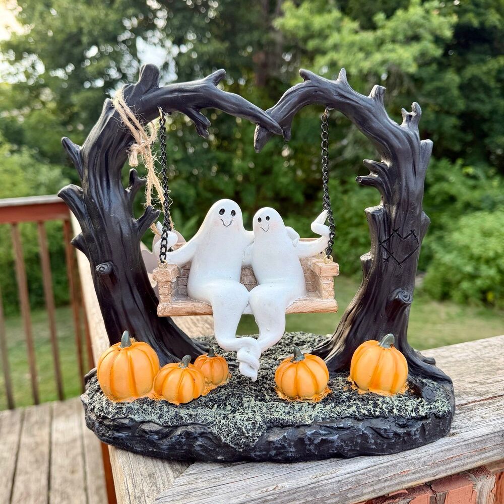 NEW Goblin & Ghoul Ghost Couple On Swing Heart Trees Pumpkins Etched Heart